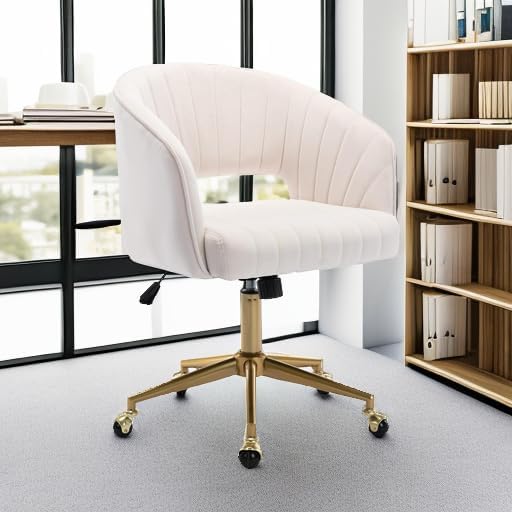 KCC Velvet Swivel Desk Chair with Gold Base - Cream