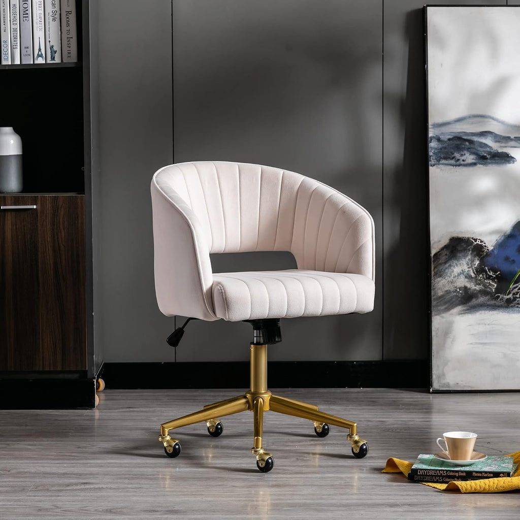 KCC Velvet Swivel Desk Chair with Gold Base - Cream