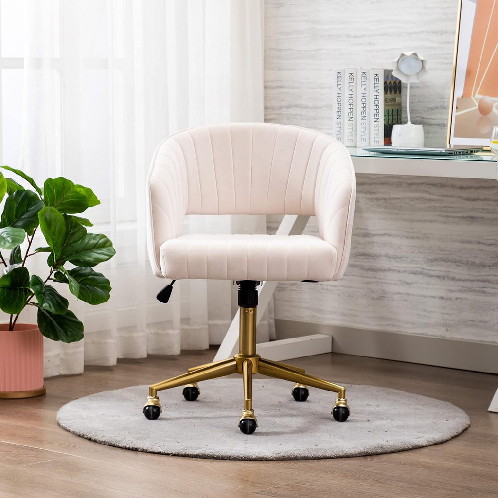 KCC Velvet Swivel Desk Chair with Gold Base - Cream