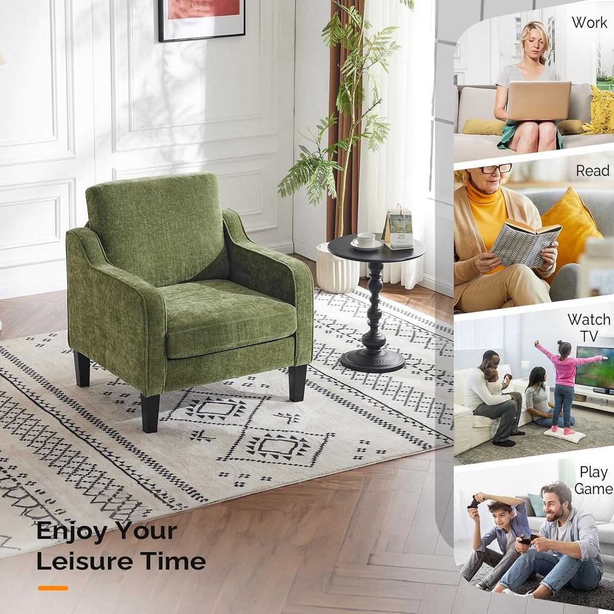 VINGLI Chenille Reading Chair - Olive Green
